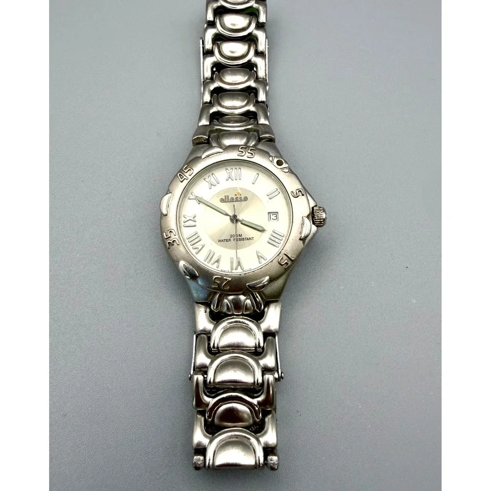 Vintage Ellesse Swiss Quartz Watch 200M Silver Tone Date Bracelet